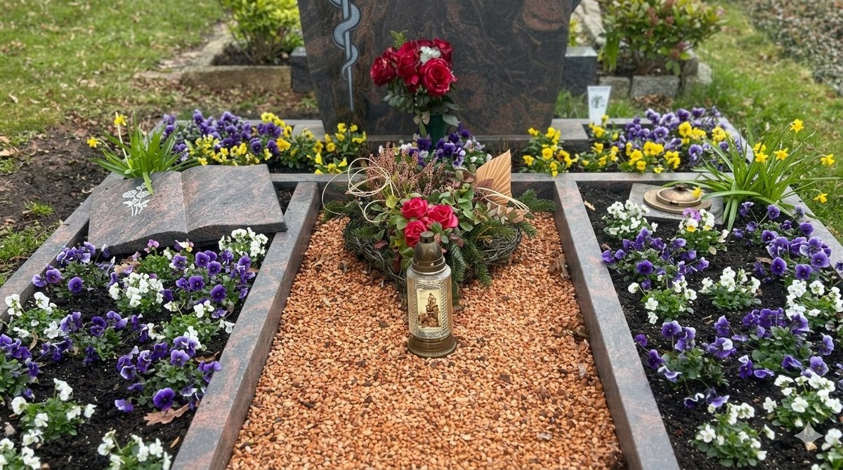 Gepflegtes Grab im Frühjahr mit Frühlingsblumen – Friedhofsservice Schüppel