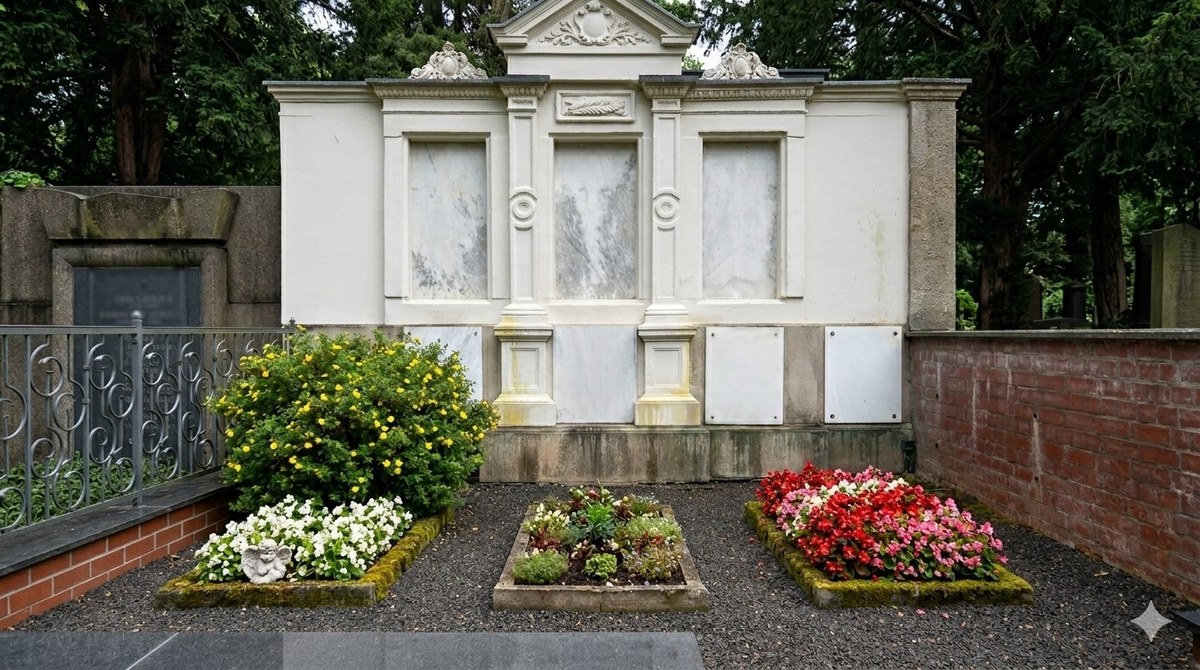 Gepflegtes Grab im Sommer mit bunten Blumen – Friedhofsservice Schüppel